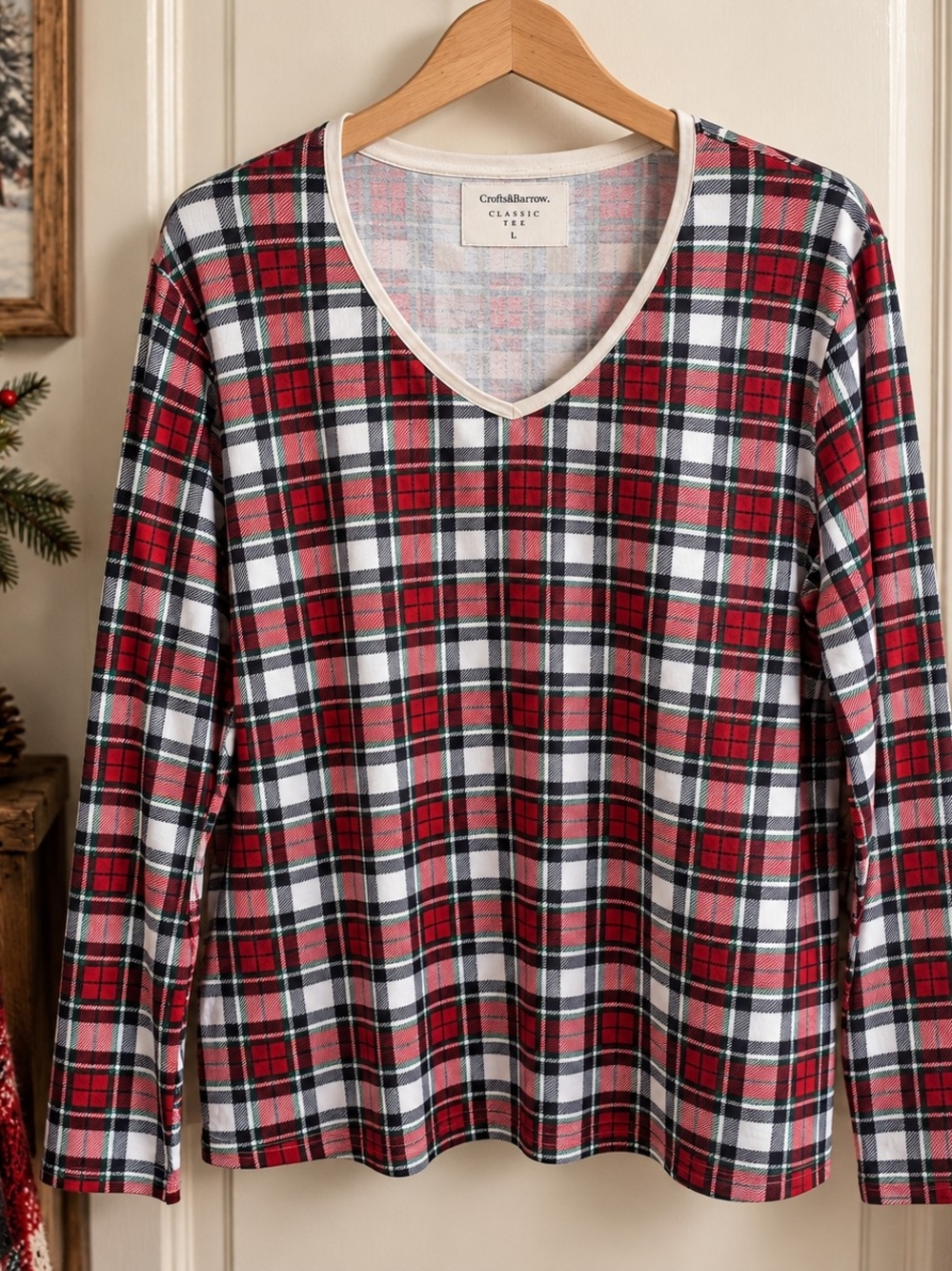 Croft & Barrow Classic Tee Christmas Tartan Plaid Cotton Top L